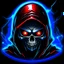 Placeholder: youtube profile picture, a skeleton gaming with a red theme with a hood make it cartoon take the red eyes