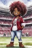 Placeholder: A sassy thick-lined watercolor cartoon image of a black chibi girl standing in front of a football stadium. She is wearing a University of South Carolina football gamecocks jersey with tight white jeans and timberland boots. behind her curvy body. Looking up coyly, she grins widely, showing sharp teeth. Her poofy hair forms a mane framing her confident, regal expression. Prominent maekup with hazel eyes. Hair is highly detailed.