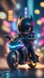 Placeholder: A happy Kawaii tiny hyper realistic baby batman riding mini ducati panigale, wearing bikers batman clothes with shooting action, night of cyberpunk city background. wide angle full body, 8k, Cinematography, photorealistic,epic composition Unreal Engine,Cinematic, Color Grading, Portrait Photography,Ultra-Wide Angle, Depth of Field, hyper detailed