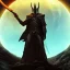 Placeholder: Sauron, the mighty lord of darkness, standing on a rock in the dark land of Mordor, a super-hero man of infinite power and technology of the galactic race, with a great army, a large moon disk behind him, and a fiery sword in his hand