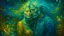 Placeholder: old worn layered canvas, Surrealism, Captivating realistic painting of a MAN, Medium ground, vibrant gold splashes, Multiple exposure, fluffiness, Their faces are BRIGHTLY LITTLE, his hair blends into swirling fractal vines and tree roots, dark green foliage, HE HUGS THE WOMAN, WINGS, Their faces are brightly lit, Flowing hair dissolves into intricate patterns of blue waterfall, Night-time tiny glowing fireflies, Set against a hazy ethereal background, Flashes, Space, Gold fragments, Gold partic