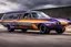 Placeholder: a military fighter jet station wagon hybrid silver and black and orange and purple paint job metallic