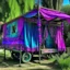 Placeholder: Old fashioned purple, blue and pink gypsy wagon decorated, curtains fluttering in the wind