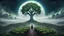 Placeholder: A symmetrical moon that looks like a happy origin head fractal broccoli above a landscape, a kid in a ragged dress looks up in the distance, fog, and intricate background HDR, 8k, epic colors, fantasy surrealism, in the style of gothic