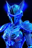 Placeholder: neon blue, flying parts of armor in form of triangles, cyber armor, geometric patterns on armor, male, orbiting triangle