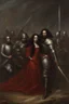 Placeholder: Oil painting Knights and princess wearing a dark red dress and long black hair Very in a battlefield