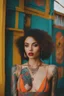 Placeholder: Beautiful Arab woman, petite, short, big eyes and lips, vibrant color, neck tattoo and full sleeves tattoo. , thin, tattoos connected, Full coverage chest tatoo, tattoo style complex and colorful and large drawings Fujifilm xt3 by (petra collins|roe ethridge, elllen von unwerth, Jan Saudek)