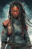 Placeholder: front facing full length portrait illustration of a grunge armored female , beaded dreadlock hair, cyberpunk vampire mercenary wearing an ornate japanese oni demon noh mask , and shemagh, highly detailed with gritty post apocalyptic textures, caught in a cosmic maelstrom of swirling gases , finely detailed facial features and hair, in the graphic novel style of Bill Sienkiewicz, and Jean Giraud Moebius, ink wash and watercolor with realistic light and shadow