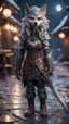 Placeholder: wolfs mane,moon, full figure with metallic stone gauntlets holding dark jagged dagger, standing on frozen wet tiled floor outside fantasy tavern, focused female brownie vampire gnome from worms armageddon wearing makeup, bokeh like f/0.8, tilt-shift lens 8k, high detail, smooth render, down-light, unreal engine, prize winning