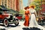 Placeholder: in 1920 two women walking down the street beside each other in nice dresses and hats in New York, Madison Square, high quality, intricate details, realistic