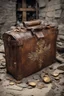 Placeholder: in the BASEMENT there is an old, broken brown oblong leather chest with short handles, from which gold coins from the time of Catherine the Great fall out. The ancient coat of arms of tsarist Russia, the double-headed eagle, is BARELY VISIBLE on the bag. There are a lot of broken bricks and earth around the bag. All in high quality 8K