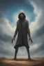 Placeholder: The hooded giant man who has a face looks like an ant. Open his arms and look at the sky .Busch painting style