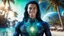 Placeholder: beautiful gorgeous young man na'vi with long hair, Avatar, blue skin, two small ears, green eyes, black hair, in cosmic suit, galactic ambiance, smiling, with spaceship and planets and palm trees and clear crystaline cosmic beach in background