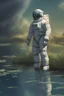 Placeholder: [scifi] A man in spacesuit around a pond