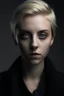 Placeholder: A woman in her 20s, with buzzed blonde hair, gray eyes, she has a cold and menacing look in her eyes, her clothes are dark colours and she does not wear dresses