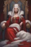 Placeholder: Beautiful white haired Vampire queen on her throne, drawing. Wearing a red cloak with a fur collar. Portrait, waist up