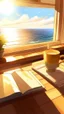 Placeholder: A cup of coffee with sunlight coming through the window beyond the table, golden proportions, fake details, trendy pixiv fan boxes, and the sea out the window.