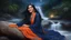 Placeholder: Hyper Realistic Photographic Close Face View Of A Beautiful Young Pashto Woman With Beautiful Long Black Hair Whirling, Wearing Beautiful Navy-Blue Frock With Orange Embroidery And Navy-Blue Dupatta Happily Sitting On a big-rock in the middle of River Water & Smiling, In A Jungle Riverside With Beautiful Waterfall From Mountain With Full Moon with Stars Along With Fireflies Around Her At Night Showing Dramatic And Cinematic Ambiance.