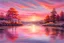 Placeholder: Imagine a tranquil lakeside nestled among rolling hills. The sun is setting, casting a warm glow across the landscape. The sky is a canvas of soft pastel hues - shades of pink, orange, and purple blend together seamlessly. Reflections of the colorful sky dance gently on the calm surface of the water, creating a mesmerizing mirrored effect. Tall trees stand sentinel along the shoreline, their silhouettes outlined against the fading light. A lone boat is moored at the edge of the lake, its gentle