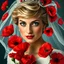 Placeholder: Modern art portrait of Princess Diana in her iconic 80s wedding dress and veil, highly detailed and realistic. Royal portrait style, opulant red poppy flowers envelop her in an abstract and gorgeous way, her mouth in a half smirk,her blue eyes have a look of mischief. mixed media, kilian eng, david mann, pop art, surrealism, in the style of Virgil Finlay