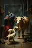 Placeholder: Satan kidnapping young holy calf while medicating holy old cow, inside science factory, painted by Rembrandt