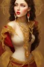 Placeholder: A beautiful Arab woman with white skin, brown hair, long curly hair, red cheeks and lips, wearing an elegant red dress from the Victorian era, wearing a necklace and earring made of green sapphire and gold