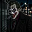 Placeholder: DEhybrid of (the joker:carnage:0. 1), sharp fangs, wide grin, grungy background street, moody lighting, shadows on left, torn jacket