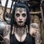 Placeholder: Closeup tall girl goth many tattoos on his face with big eyes, ragged clothes, sit pose,fullbody, dieselpunk, valves and old cars behind, the perspective looking up from the bottom of an empty well , 8k,macro photography,