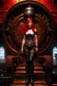 Placeholder: full body and headshot of a skinny young woman, with long straight red hair, standing in a steampunk setting, Frank Franzetta