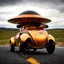 Placeholder: award winning photograph of a steampunk house-fly ufo vwbeetlegenetic-splice designed by only one vehicle per image painted metallic orange traveling at a high rate of speed, jet intake off of front center of vehicle and jet exhaust out the rear bilaterally symetrical, more a high speed road vehicle