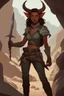 Placeholder: A DnD character. A female horned Tiefling ranger with pointy ears standing in a cave. The Tiefling has a little pterosaurs on her shoulder and a rapier in her hand.