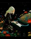 Placeholder: "Midnight Serenade unique" low view angle shot down wild flowers field , large close up a beautiful young blonde woman with a black hooded dress , wearing a cool black hooded calike rocker style and playing the piano granite terrazzo motifs with puzzle modern clothing is decorated with colorful filigree abstract, Collage chutes papiers magazines,Spirograph background by Nisa Kiley, Textile Artist