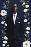 Placeholder: An extremely formal, funeral program for a black man on darkest blue deeply pigmented velvet paper with brilliant, brightest heavy white fonts, simple, minimalistic, less element, very dramatic lighting, detailed, white flowers,