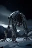 Placeholder: I want an image of a eight legged mechanical walker mech scaling the side of mout everest at night, it has a smooth surface, it has storage pods on its belly human can fit in the pods, it is covered with camera arrays