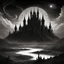 Placeholder: A detailed, black and white digital painting of a desolate, otherworldly landscape. In the center of the image is a colossal, gothic castle, its towers piercing the dark sky. The castle is surrounded by a vast, skull-filled plain, with a river of darkness flowing towards it. The sky is filled with countless stars and planets, and a beam of light shines down from above, illuminating the scene.