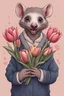 Placeholder: Hissing possum with wearing cardigan holding a bouquet of tulips cute art