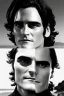 Placeholder: A portrait of Joaquin Phoenix in his early 30s, long beachy haircut, black hair, on a rocky island, in ebony armor from Skyrim, melancholic and dangerous facial expression, half-smiling