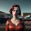 Placeholder: retro sci-fi portrait image from 1960, supermarket parking explosion, fire, classic black widow, young Scarlett Johansson, tight lycra suit, soft color, highly detailed, unreal engine 5, ray tracing, RTX, lumen lighting, ultra detail, volumetric lighting, 3d, finely drawn, high definition, high resolution.