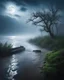 Placeholder: By Sergiо. Style by Greg Rudkowski. Thick white milky dense fog on a deserted beach with lonely bushes.flooded raged water .stormy wether in the waterg a bridge is falling in the river a full moon