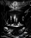 Placeholder: Create a monochromatic Black Metal album cover for a Band with a figure in corpse paint surrounded by bones of aquatic creatures with a table in the foreground with 3 lit black candles burning