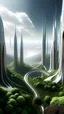 Placeholder: sci fi planet, tall forest, zaha hadid city, white buildings