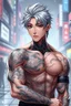 Placeholder: 3d anime digital illustration from attraktive young korean male character with elaborate detailed warrior tattooed . The character’s muscular build, some ring jewelry, dark silver hair, dark eyes, young korean man with attractive masculine face, shados, pale light, cyber urban background