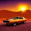 Placeholder: muscle car, desert road, sunset, full colour,