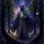 Placeholder: The Muslim commander in a battle dress made of galaxies and stars with a glove that has seven endless stones with a powerful army behind him A forest with dense trees