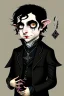 Placeholder: black haired black eyed young man necromancer goth hobbit with gothic jewelry and pet black rat in the style of Charles Addams