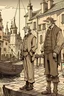 Placeholder: I want a picture that looks like it was hand-drawn of a fisherman standing with a rich man in an old city