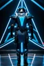 Placeholder: cyberpunk, neon blue, floating triangle of light behind the back, cyber armor, geometric patterns on an armor, male, orbiting triangle