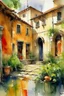 Placeholder: Splashy wet watercolour of an Italian courtyard