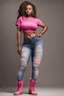 Placeholder: Create a watercolor image of a curvy black female wearing tight cut up jeans and a pink tshirt with timberland boots. Prominent make up with hazel eyes. Highly detail dread locs