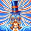 Placeholder: 90's fantasy tcg art of a top hat man with a spiral mask in a blue circus